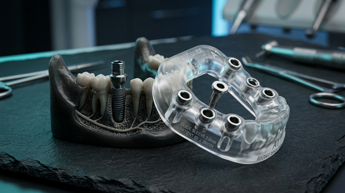Implante dental em titânio e guia cirúrgico 3D de alta precisão